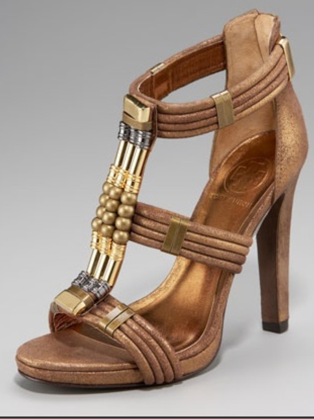Tory Burch Carla Beaded Metallic Suede Heels 9.5 Bronze Camel Statement Sandals - Picture 6 of 6